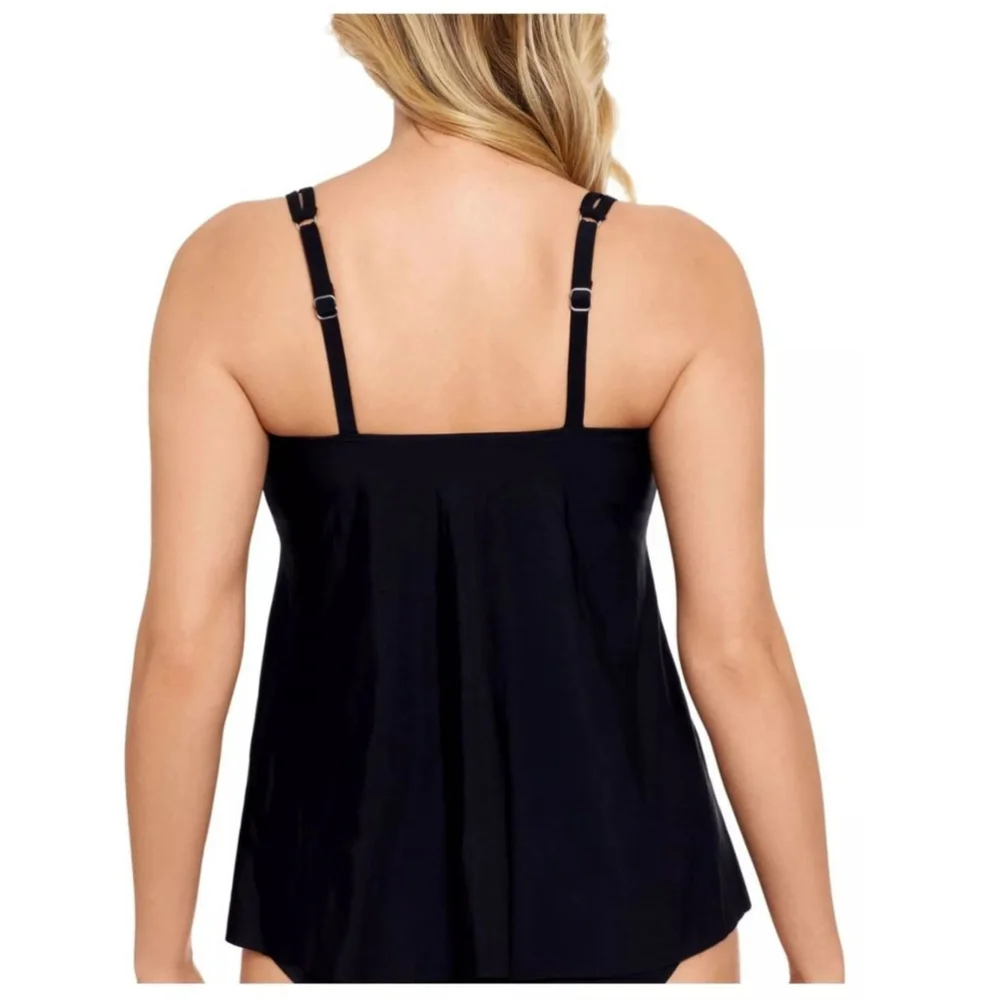 SWIM SOLUTIONS Black Pleated Adjustable Scoop Neck Tankini Swimsuit Top Sz 12 - Picture 2 of 12